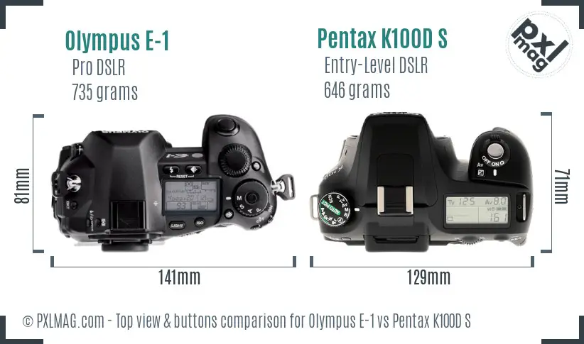 Olympus E-1 vs Pentax K100D S top view buttons comparison
