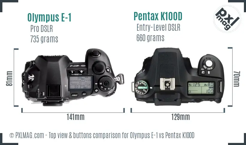 Olympus E-1 vs Pentax K100D top view buttons comparison