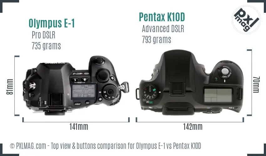 Olympus E-1 vs Pentax K10D top view buttons comparison