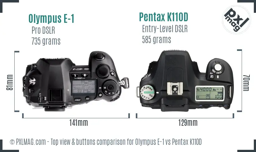 Olympus E-1 vs Pentax K110D top view buttons comparison