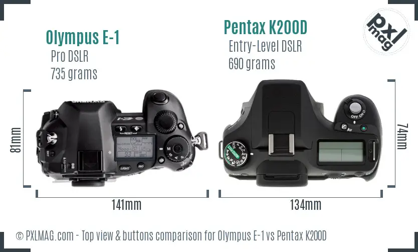 Olympus E-1 vs Pentax K200D top view buttons comparison
