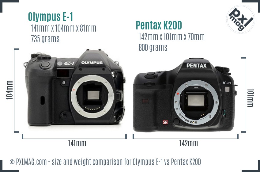 Olympus E-1 vs Pentax K20D size comparison