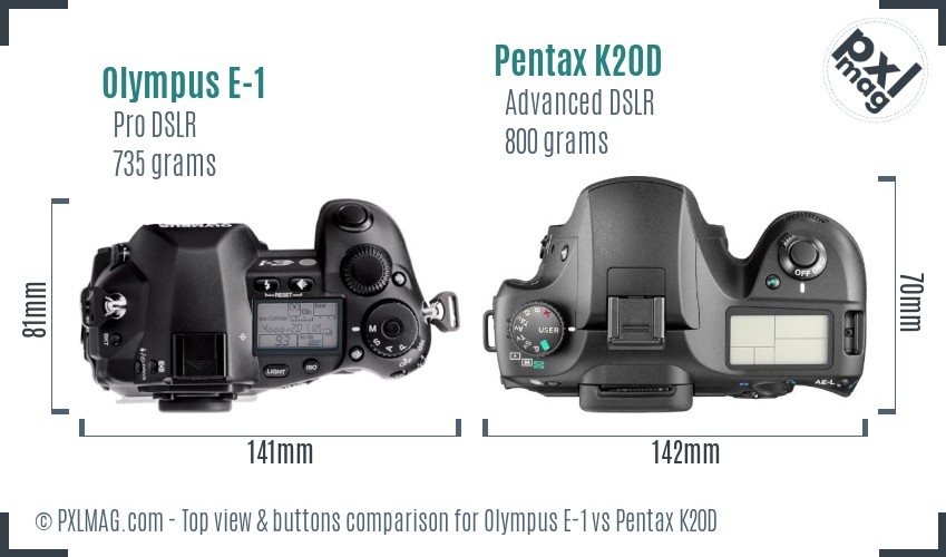 Olympus E-1 vs Pentax K20D top view buttons comparison