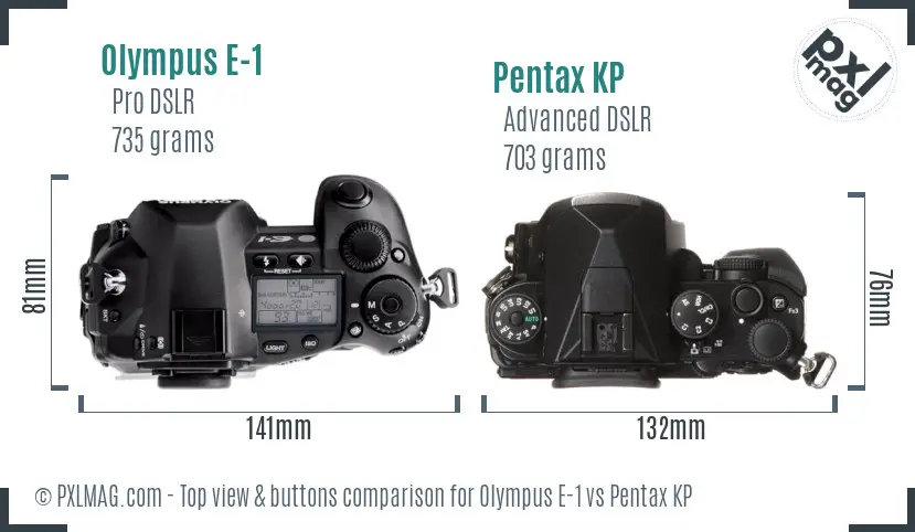 Olympus E-1 vs Pentax KP top view buttons comparison