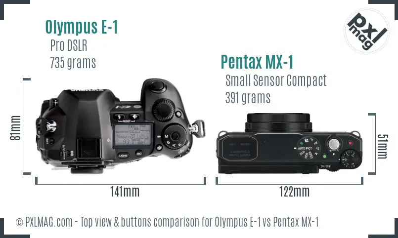 Olympus E-1 vs Pentax MX-1 top view buttons comparison