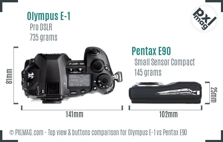 Olympus E-1 vs Pentax E90 top view buttons comparison