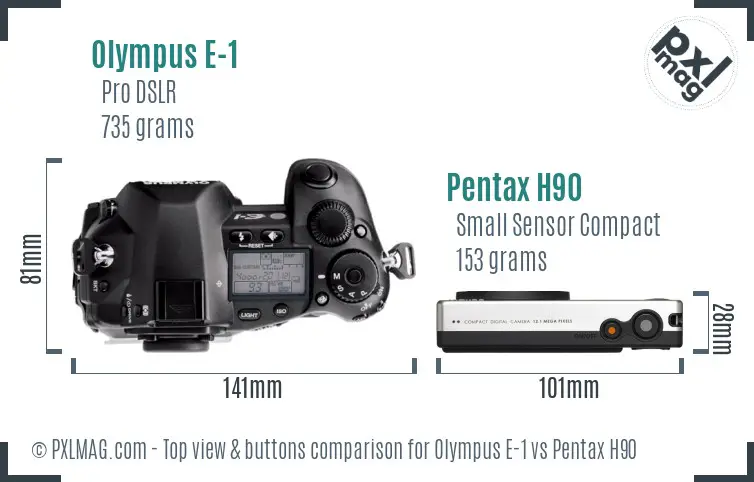 Olympus E-1 vs Pentax H90 top view buttons comparison