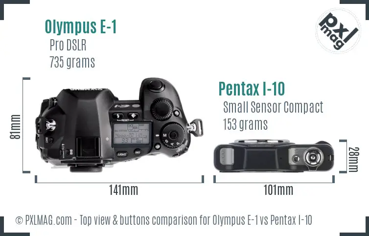 Olympus E-1 vs Pentax I-10 top view buttons comparison