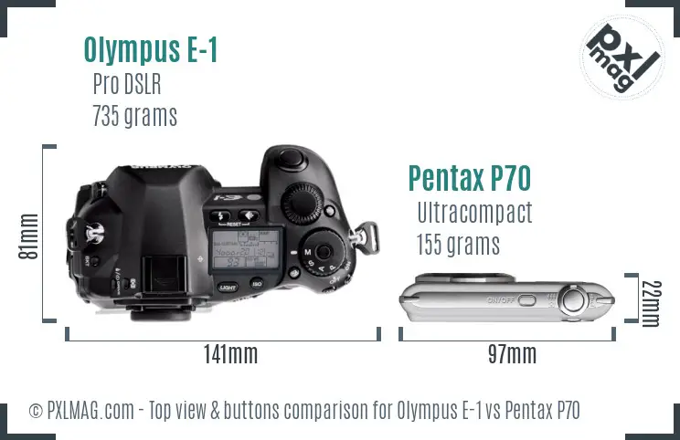 Olympus E-1 vs Pentax P70 top view buttons comparison