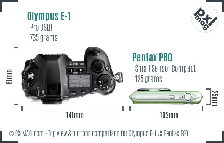Olympus E-1 vs Pentax P80 top view buttons comparison