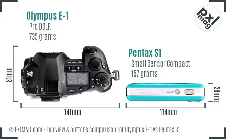 Olympus E-1 vs Pentax S1 top view buttons comparison