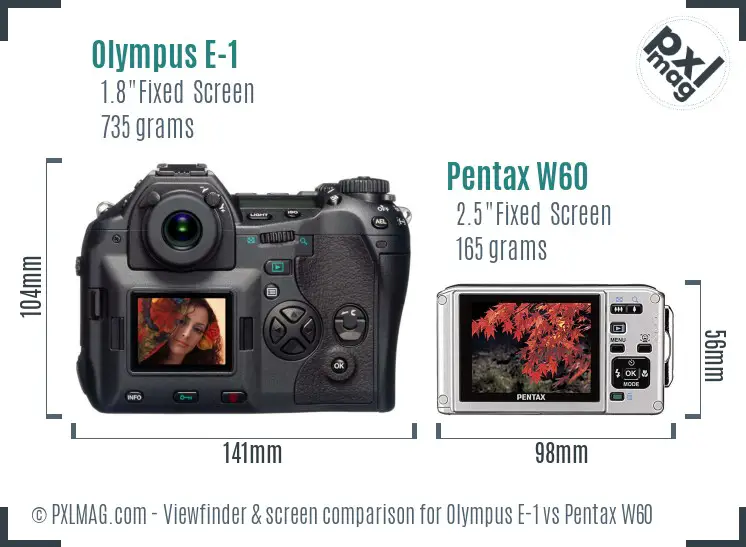 Olympus E-1 vs Pentax W60 Screen and Viewfinder comparison