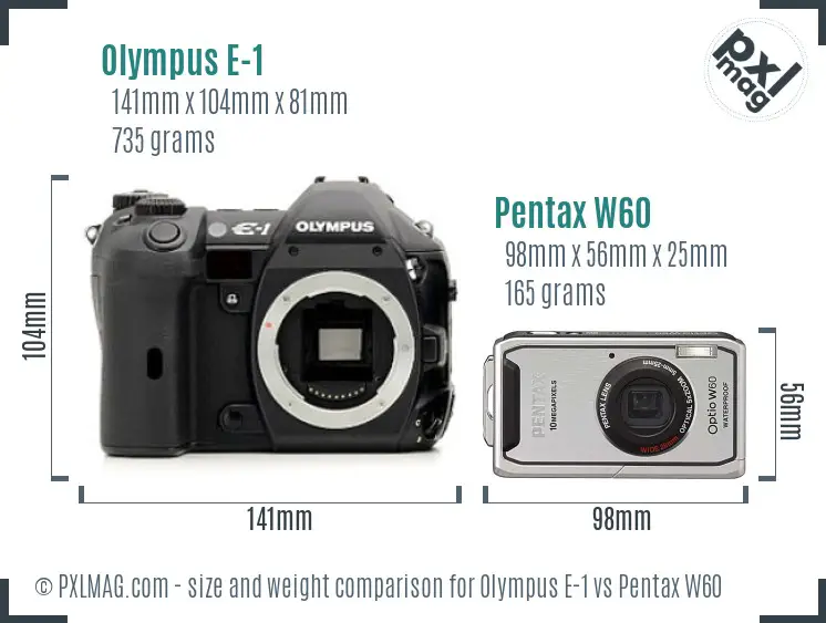 Olympus E-1 vs Pentax W60 size comparison