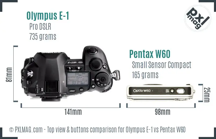 Olympus E-1 vs Pentax W60 top view buttons comparison