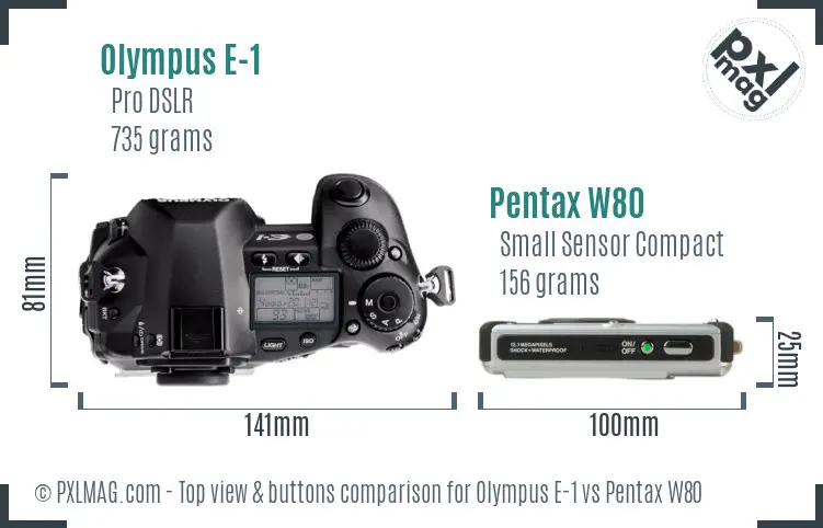 Olympus E-1 vs Pentax W80 top view buttons comparison