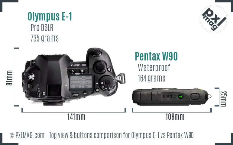 Olympus E-1 vs Pentax W90 top view buttons comparison