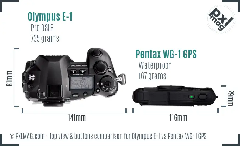 Olympus E-1 vs Pentax WG-1 GPS top view buttons comparison