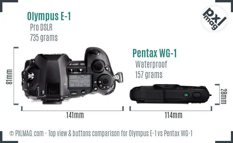 Olympus E-1 vs Pentax WG-1 top view buttons comparison