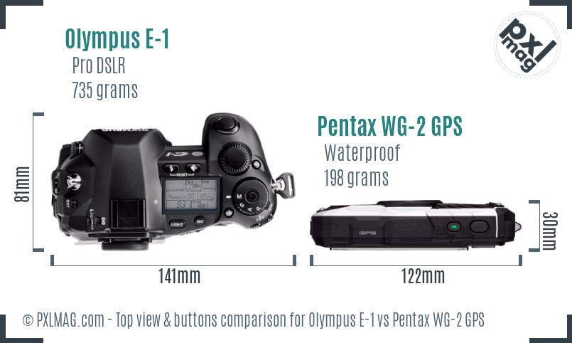 Olympus E-1 vs Pentax WG-2 GPS top view buttons comparison