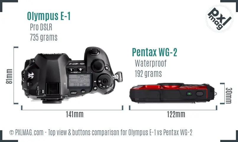 Olympus E-1 vs Pentax WG-2 top view buttons comparison