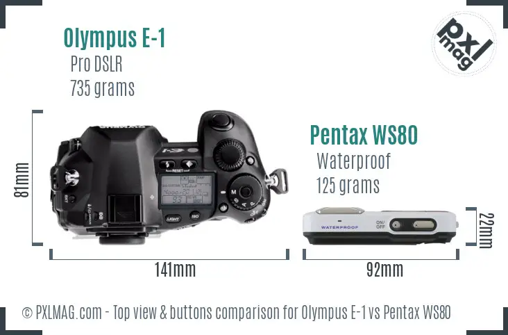 Olympus E-1 vs Pentax WS80 top view buttons comparison