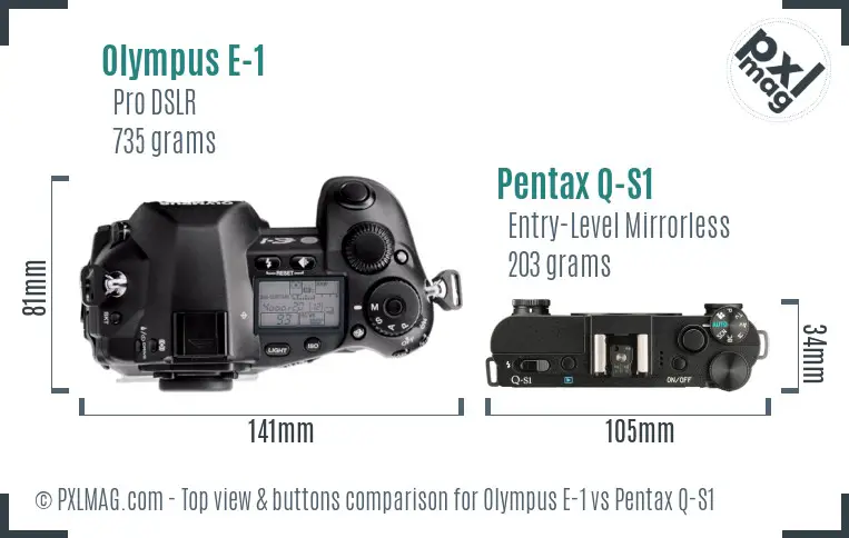 Olympus E-1 vs Pentax Q-S1 top view buttons comparison