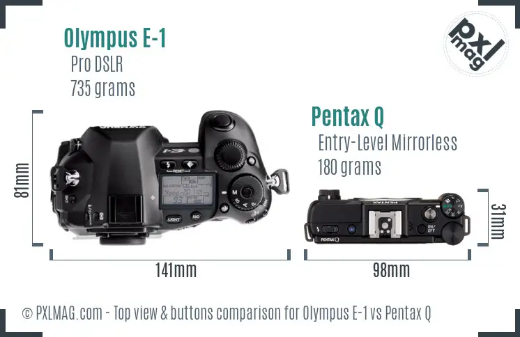 Olympus E-1 vs Pentax Q top view buttons comparison