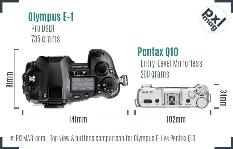 Olympus E-1 vs Pentax Q10 top view buttons comparison