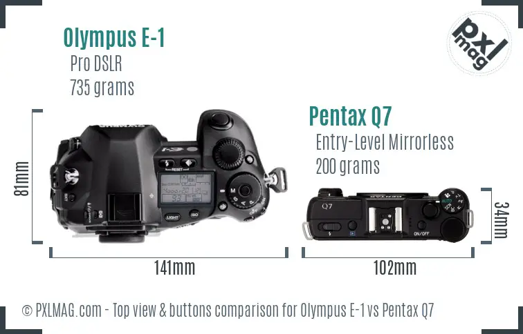 Olympus E-1 vs Pentax Q7 top view buttons comparison