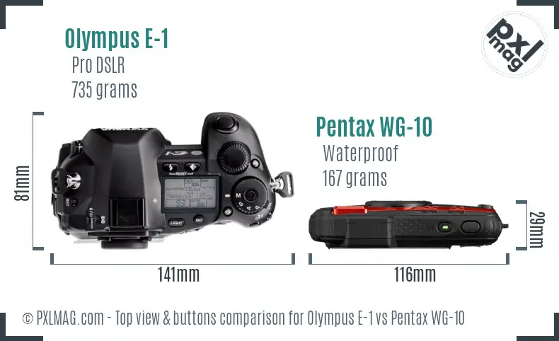 Olympus E-1 vs Pentax WG-10 top view buttons comparison