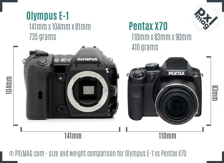 Olympus E-1 vs Pentax X70 size comparison