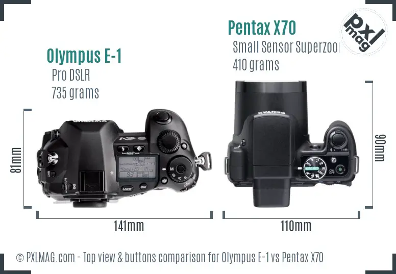 Olympus E-1 vs Pentax X70 top view buttons comparison
