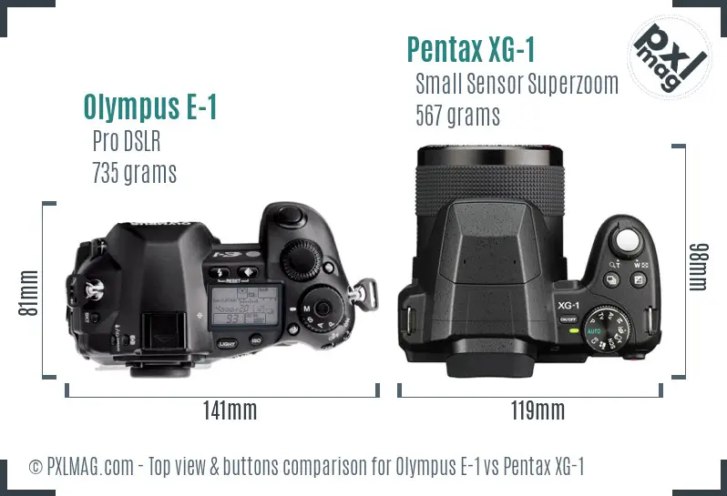 Olympus E-1 vs Pentax XG-1 top view buttons comparison