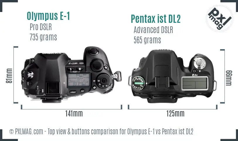 Olympus E-1 vs Pentax ist DL2 top view buttons comparison