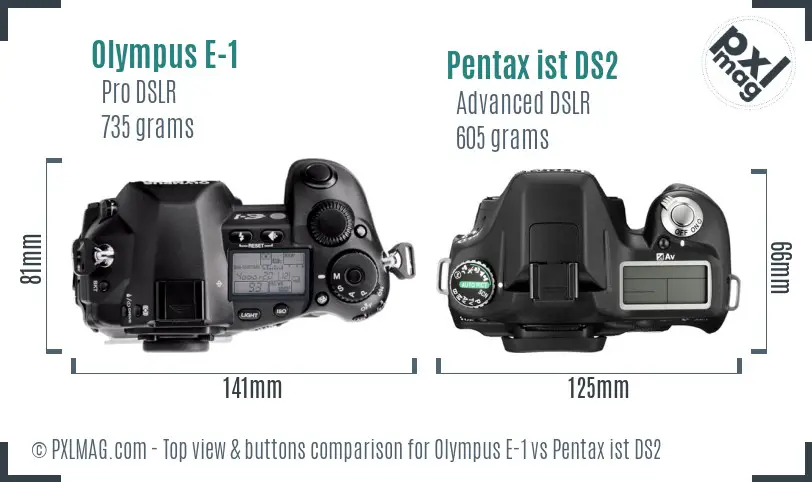 Olympus E-1 vs Pentax ist DS2 top view buttons comparison