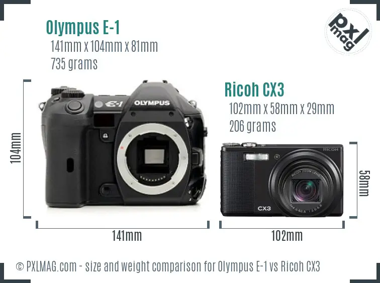 Olympus E-1 vs Ricoh CX3 size comparison Olympus E-1 vs Ricoh CX3 size comparison