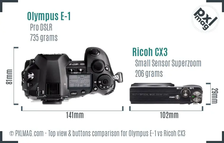 Olympus E-1 vs Ricoh CX3 top view buttons comparison Olympus E-1 vs Ricoh CX3 top view buttons comparison