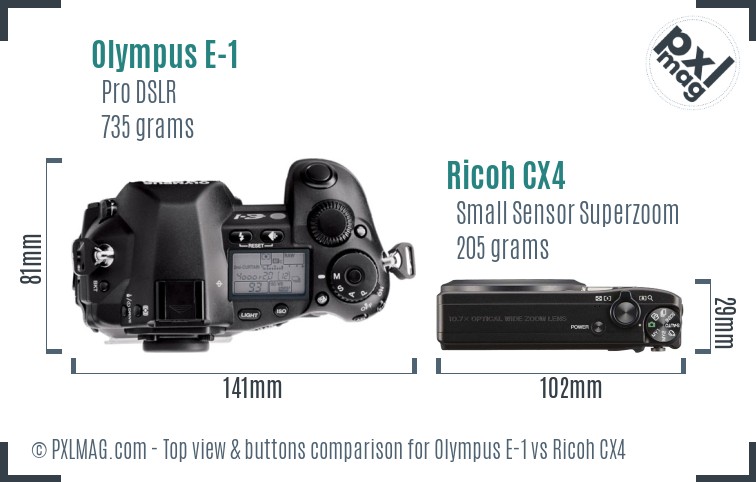 Olympus E-1 vs Ricoh CX4 top view buttons comparison
