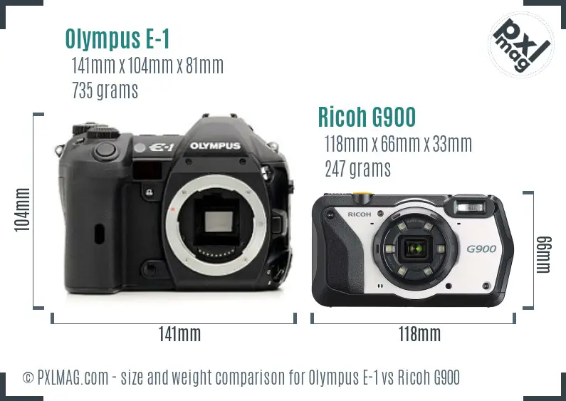 Olympus E-1 vs Ricoh G900 size comparison