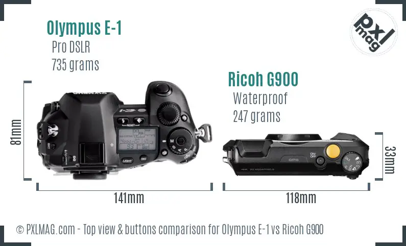 Olympus E-1 vs Ricoh G900 top view buttons comparison