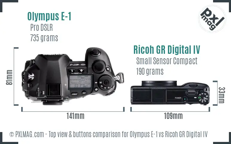 Olympus E-1 vs Ricoh GR Digital IV top view buttons comparison Olympus E-1 vs Ricoh GR Digital IV top view buttons comparison