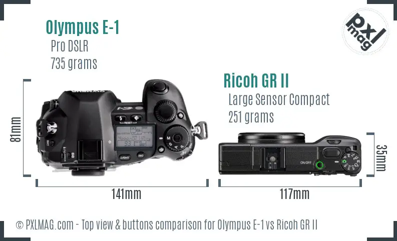 Olympus E-1 vs Ricoh GR II top view buttons comparison