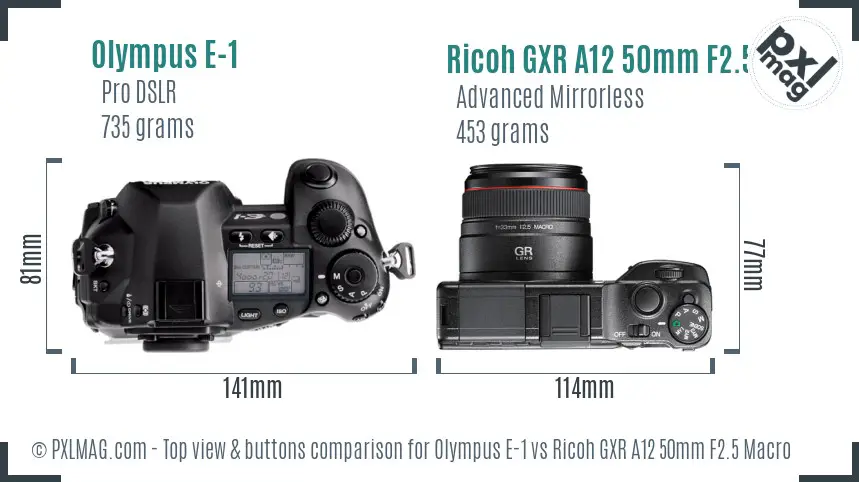 Olympus E-1 vs Ricoh GXR A12 50mm F2.5 Macro top view buttons comparison