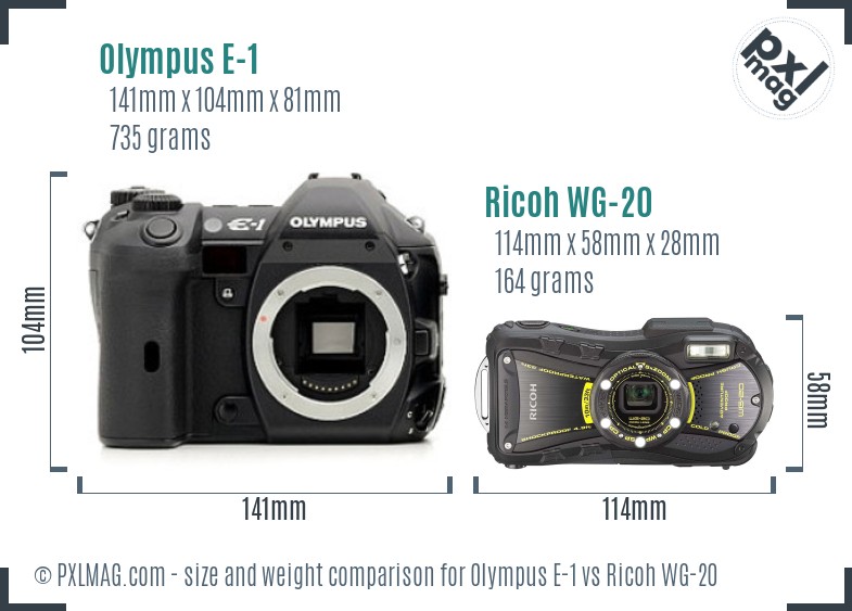 Olympus E-1 vs Ricoh WG-20 size comparison