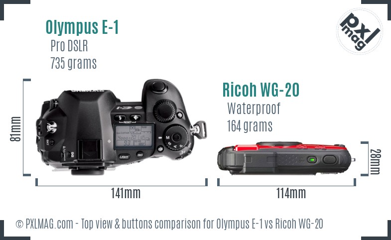 Olympus E-1 vs Ricoh WG-20 top view buttons comparison