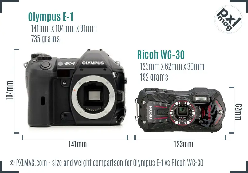 Olympus E-1 vs Ricoh WG-30 size comparison