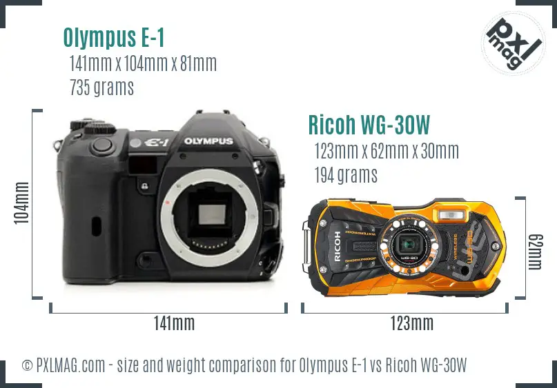 Olympus E-1 vs Ricoh WG-30W size comparison