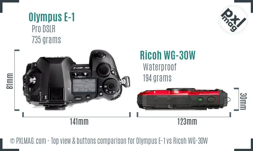 Olympus E-1 vs Ricoh WG-30W top view buttons comparison