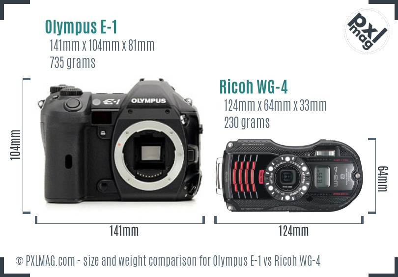 Olympus E-1 vs Ricoh WG-4 size comparison