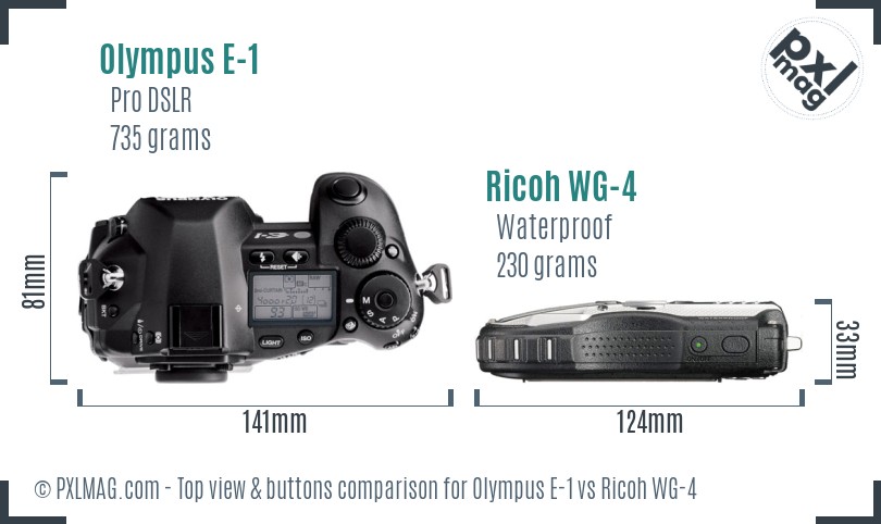 Olympus E-1 vs Ricoh WG-4 top view buttons comparison